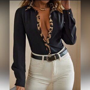 Classic Black Leopard Trim Button-Down Shirt Top